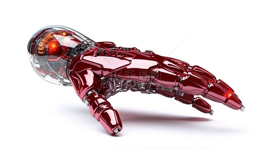 机器人手，手掌张开，有红色玻璃状皮肤，以 3D 渲染并隔离在白色