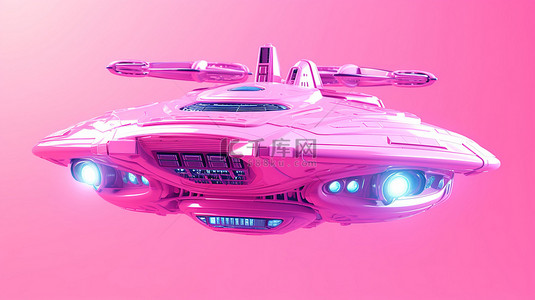 粉红色背景与双色调风格蓝色航天器空间站或外星不明飞行物航天器 3D 渲染