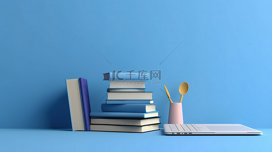 现代电子学习 3D 渲染最小笔记本和蓝色墙壁上的书籍