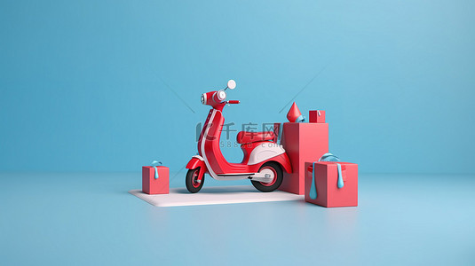 功能卡通背景图片_启用位置功能的智能手机盒和红色踏板车在蓝色背景下以 3D 渲染