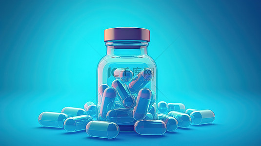 小朋友住院背景图片_蓝色背景瓶中药丸的 3D 渲染