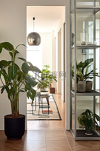 盆栽植物植物背景图片_走廊两侧各有盆栽植物
