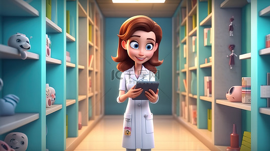 治疗医院背景图片_医院内部配备平板电脑和记事本的医疗专业女医生，以卡通人物 3D 渲染为特色