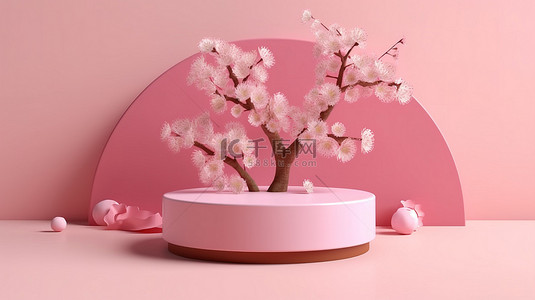 樱花插图背景图片_时尚日本简约粉色讲台和樱花背景产品展示 3D 插图渲染