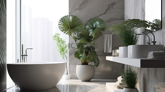 豪华的洗手间，以 3D 渲染的优雅大理石花瓶中的梳妆台和植物为特色
