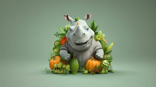 有趣的 3D 犀牛卡通举着牌子，同时平衡漂浮的蔬菜