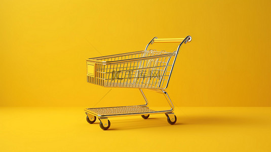 孤立的黄色背景下黄色购物车的 3D 渲染插图