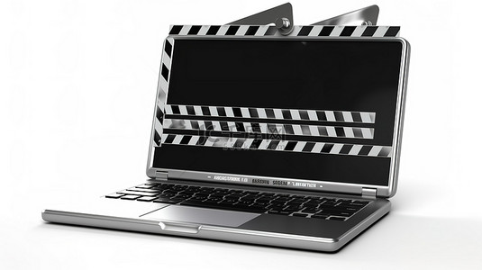 在线编辑背景图片_白色背景下在笔记本电脑上编辑电影拍板的 3D 插图