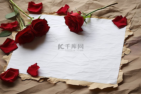 爱情笔记卡空白浪漫红玫瑰花瓣在纸上爱情笔记
