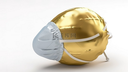 医用无菌口罩背景图片_3D 渲染逼真的金色复活节彩蛋，白色背景上带有医用面具