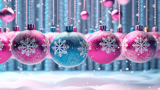 3D 渲染的雪花装饰着粉色和蓝色的圣诞装饰品