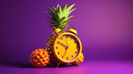 充满活力的 3D 渲染菠萝和时钟在黄紫色夏季背景下