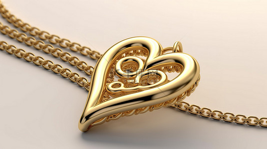 爱情徽章装饰的金色项链在通过 3D 技术创建的纯白色背景下闪闪发光