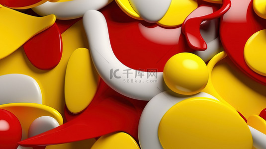 黄色背景上红色白色和黄色形状的抽象 3D 渲染
