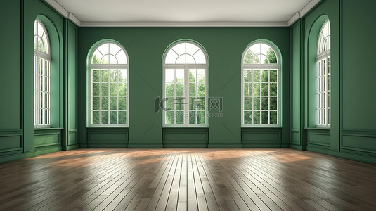 3D 渲染插图，显示空荡荡的经典绿色内饰，墙上有木地板和窗户