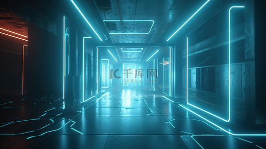 科幻空间一个混凝土房间，在未来派 3D 渲染中被霓虹灯照亮