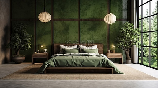 时尚日本风格的绿色卧室模拟优雅的 3D 渲染