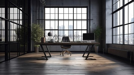城市办公背景图片_高级照片现代城市工作区与 3d 渲染中的办公桌