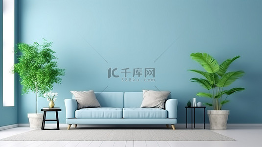 室内家具背景背景图片_简约的客厅装饰现代模拟室内设计与蓝色墙壁纹理背景 3D 渲染