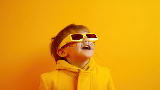 吃惊背景图片_快乐的孩子戴着 3D 眼镜，背景充满活力的黄色