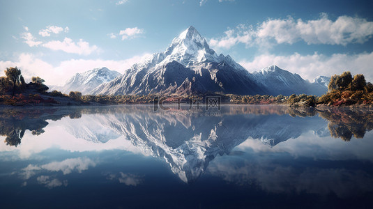 山的图像镜像在 3D 生成的湖中