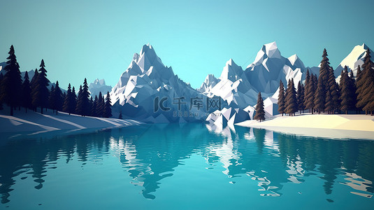 顶峰背景图片_3d 渲染中的低多边形山和湖