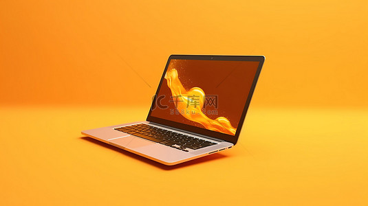 飞行中的简约笔记本电脑在黄色 3D 背景下充满活力的橙色