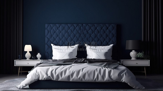 时尚的床，配有蓝色和白色枕头和床头柜，位于深蓝色墙壁房间 3d 渲染中