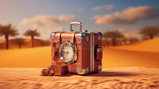 旅行箱旅行背景图片_前方旅程手提箱相机和日历旅行概念的 3D 渲染