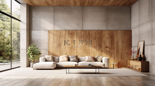 3D 渲染的时尚当代生活空间，配有别致的混凝土地板和魅力十足的木板装饰墙