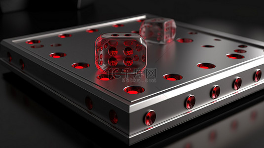 3d 中的金属板在灰色背景下的特写镜头中展示红色骰子