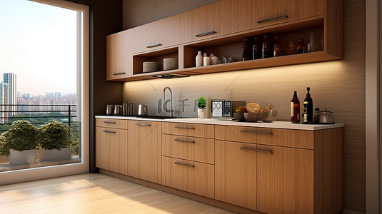 小厨房中木柜和内置柜台的 3D 渲染