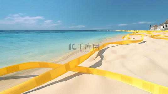 海洋旅行背景图片_白色背景 3D 渲染上的隔离黄色胶带限制了海洋或海滨海滩区域
