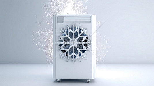 寒冷的天气背景图片_白色背景冰晶雪花便携式空调的 3D 渲染