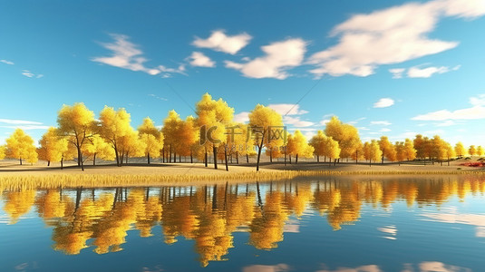 活力夏日背景图片_宁静的湖泊和天空的 3D 渲染，有充满活力的黄色树木和郁郁葱葱的绿草