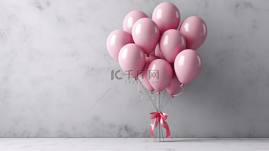 粉红音乐会背景图片_灰色墙壁水平横幅上的粉色气球簇 3D 渲染插图