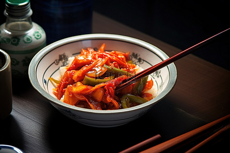 筷子食物背景图片_用筷子把泡菜放在桌子上