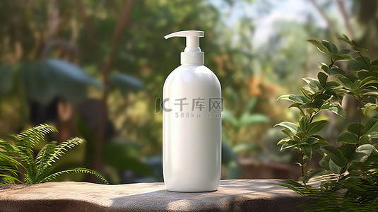 花园灵感展示天然化妆品，配有空白白色洗发水瓶 3D 插图