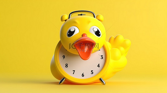 可爱卡通时间背景图片_阳光明媚的黄色背景上拿着闹钟的可爱拟人鸭吉祥物的 3D 渲染