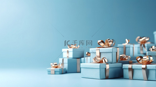 蓝色背景礼品盒，有足够的空间用于文本 3D 渲染模型