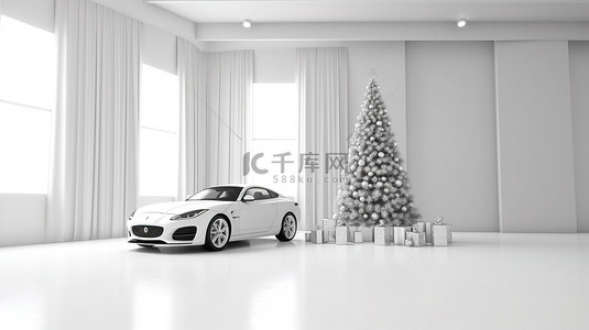 节日房间中的圣诞主题汽车 3D 渲染和插图