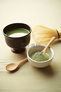 绿茶茶叶背景图片_一勺绿茶和一个带有木勺和竹子的碗