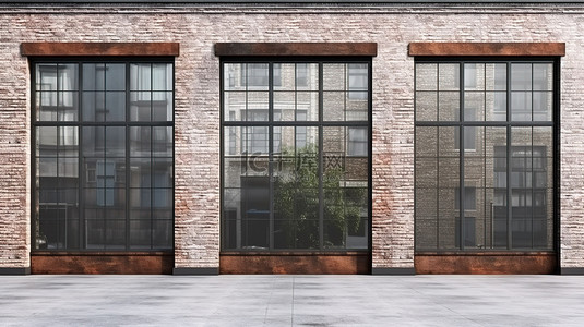 用于阁楼风格砖墙店面 3D 渲染设计中产品展示的空外窗