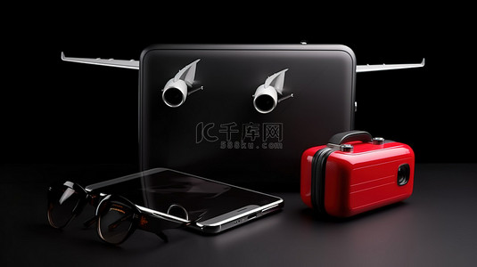 旅行必需品背景图片_黑色和红色背景中 3d 渲染手提箱相机飞机智能手机太阳镜和救生圈的旅行必需品