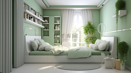 现代女孩背景图片_采用浅绿色和白色 3D 渲染的现代室内设计改造一间小型青少年房间