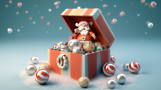 人物效果背景图片_圣诞老人和圣诞装饰品装饰着打开的礼品盒，以令人惊叹的 3D 效果呈现节日快乐