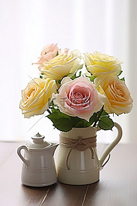 婴儿合影背景图片_黄色和粉红色的玫瑰装在一个带喷壶的罐子里