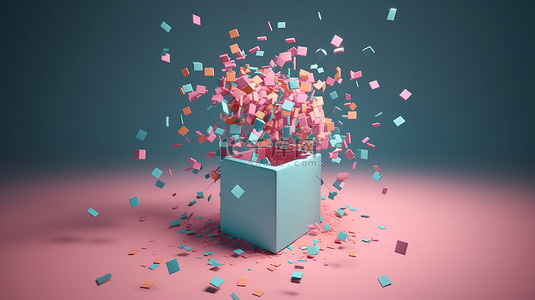 带五彩纸屑和空白的开放式礼品盒的粉彩爆炸 3D 插图