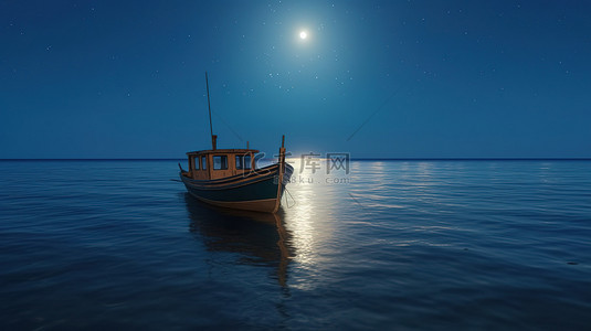 夜晚孤独背景图片_满月在船的背景 3D 插图