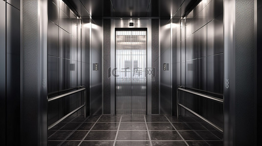 现代商务酒店豪华设计的钢制电梯电梯大堂 3d 渲染